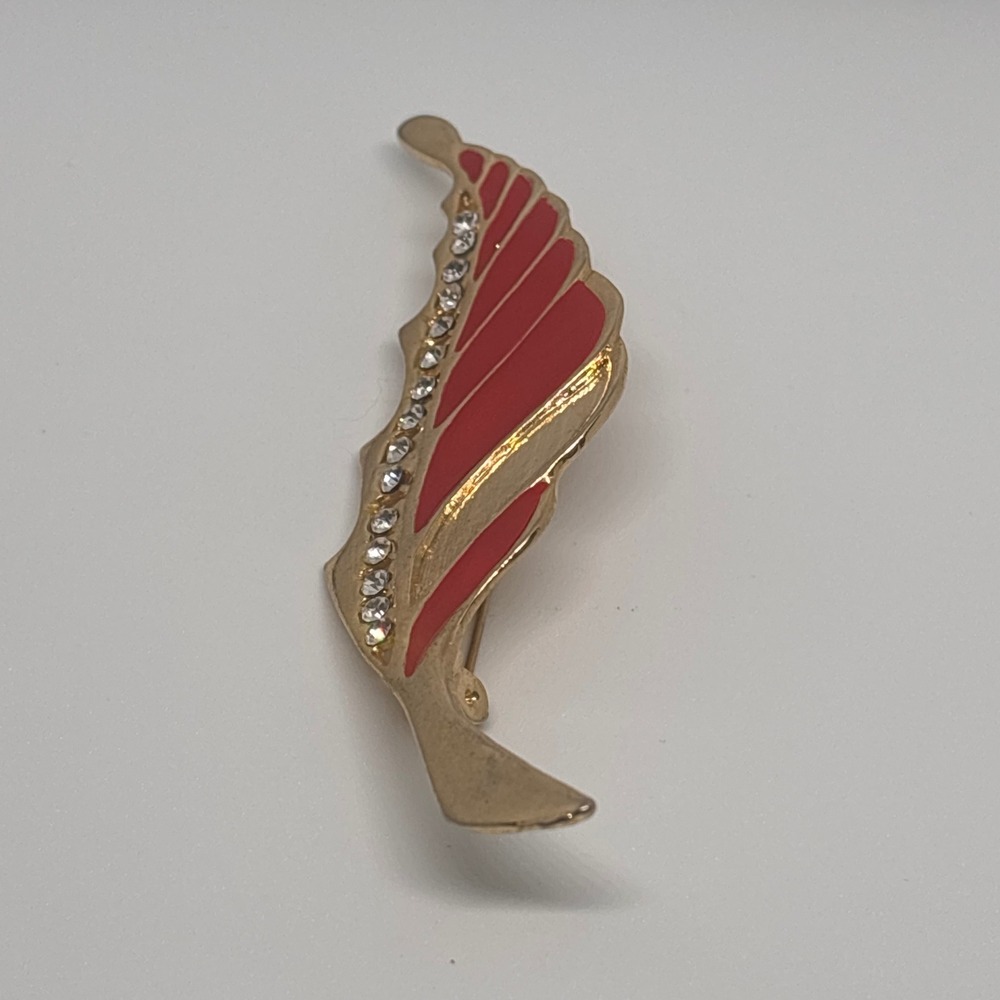 Gold Tone Red Enamel Crystal Leaf Brooch Pin Fashion Jewelry - Picture 7 of 7